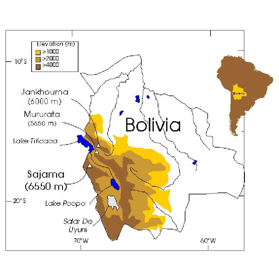 Sajama, Bolivia seen as an outline drawing with brown and blue colored areas, a legend as an insert map to a small main map of a country.