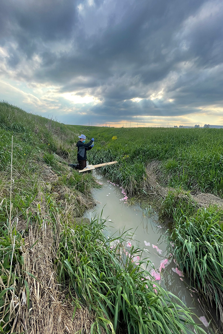 a grassy field with a thin stream of water running through it 