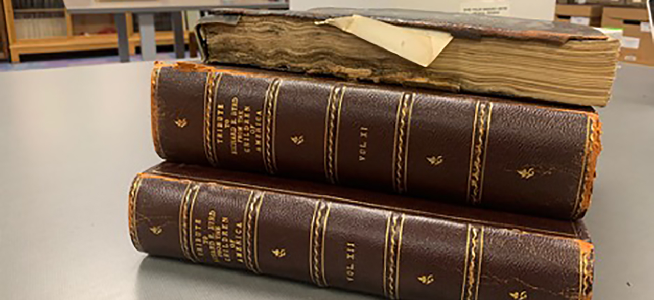 Stacks of bound volumes of letters sent to Byrd.