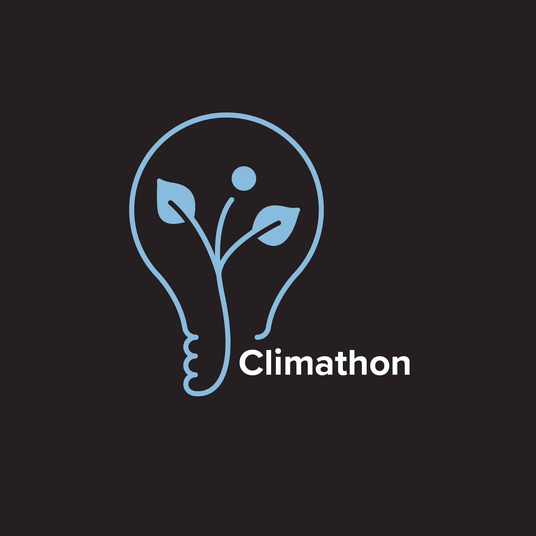 Blue drawing of a lightbulb with leaf inside. The corner of the logo reads "Climathon" (updated)