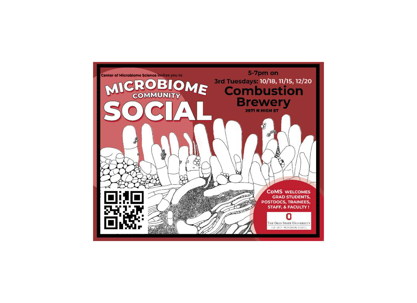 animated image of bacteria in different shapes and sized in black and white with ted background and text on top left in white saying Microbiome Community Social and top right against a darker red background states in black 5-7 on 3rd Tuesdays  then in white 10/18, 11/15, 12/20 and in black larger font Combustion Brewery and address and in bottom right cut off red circle with white writing for staff and students and Ohio State logo