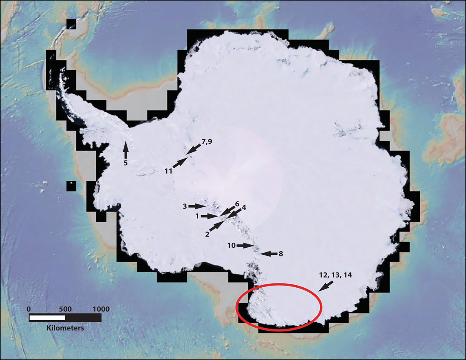 Map of Antarctica in white with a red circle at the bottom 