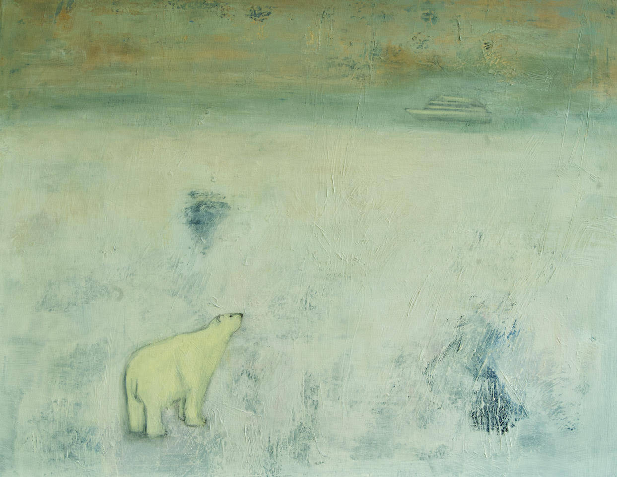Painting of polar bear on Ice watching a ship in a distance.