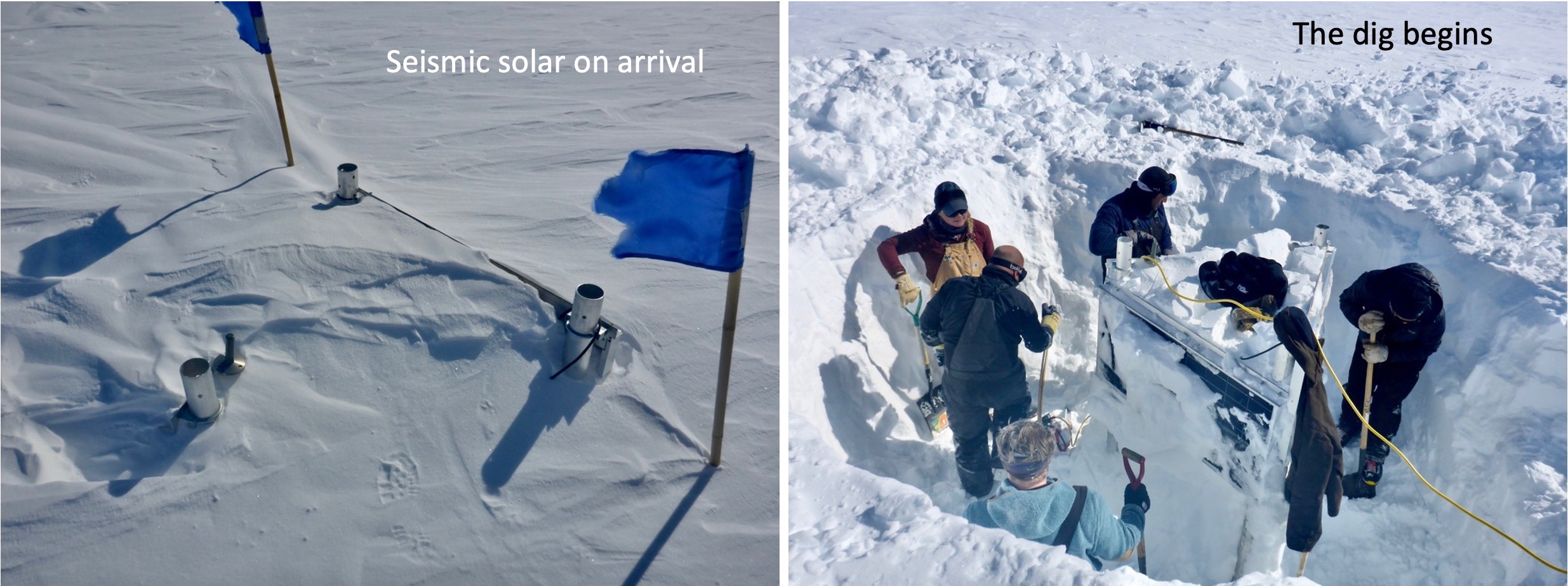 A collage of two images, one to the left of snowy fiend with two flags and some pipes  sticking out and on the right people digging in a trench in the snow.