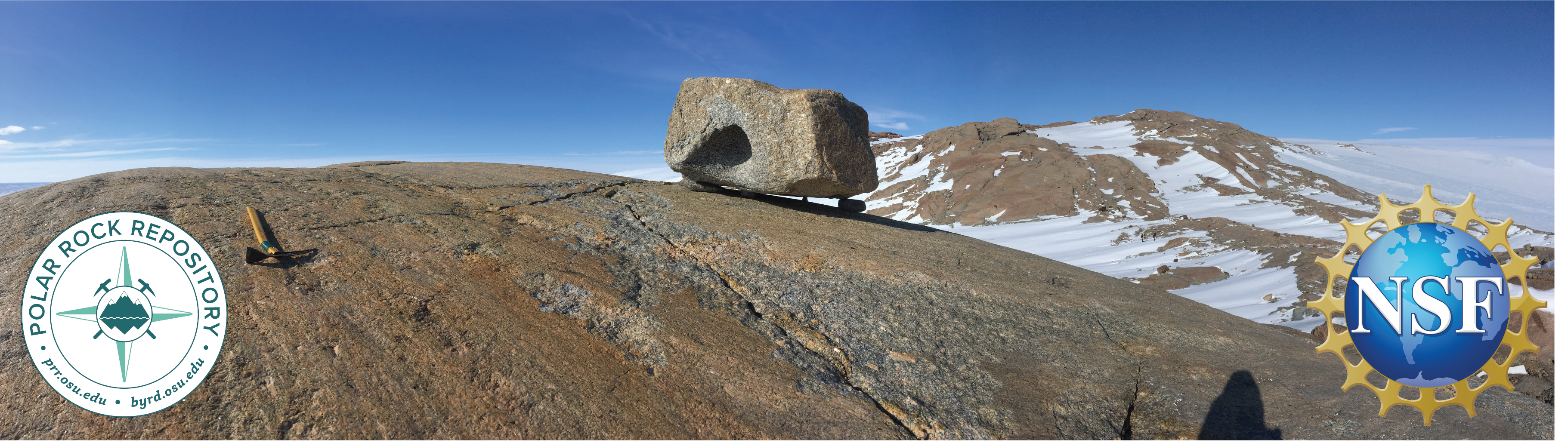 A boulder on top of a rock slab with snowy mountain in background with blue skies and logos of PRR and NSF on bottom left and right of image.