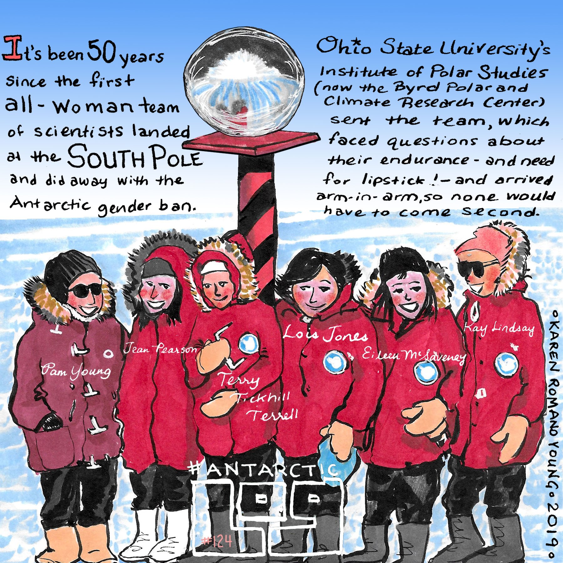A comic of 6 women standing posing with red coats and white background with a pole behind them with a globe on it. Text: It's been 50 years since the first all-woman team of scientists landed at the South Pole and did away with the Antarctic gender ban. Ohio State University's Institute of Polar Studies, (now the Byrd Polar and Climate Research Center) sent the team, which faced questions about their endurance -and need for lipstick! -and arrived arm-in-arm, so no one would have to come Second.