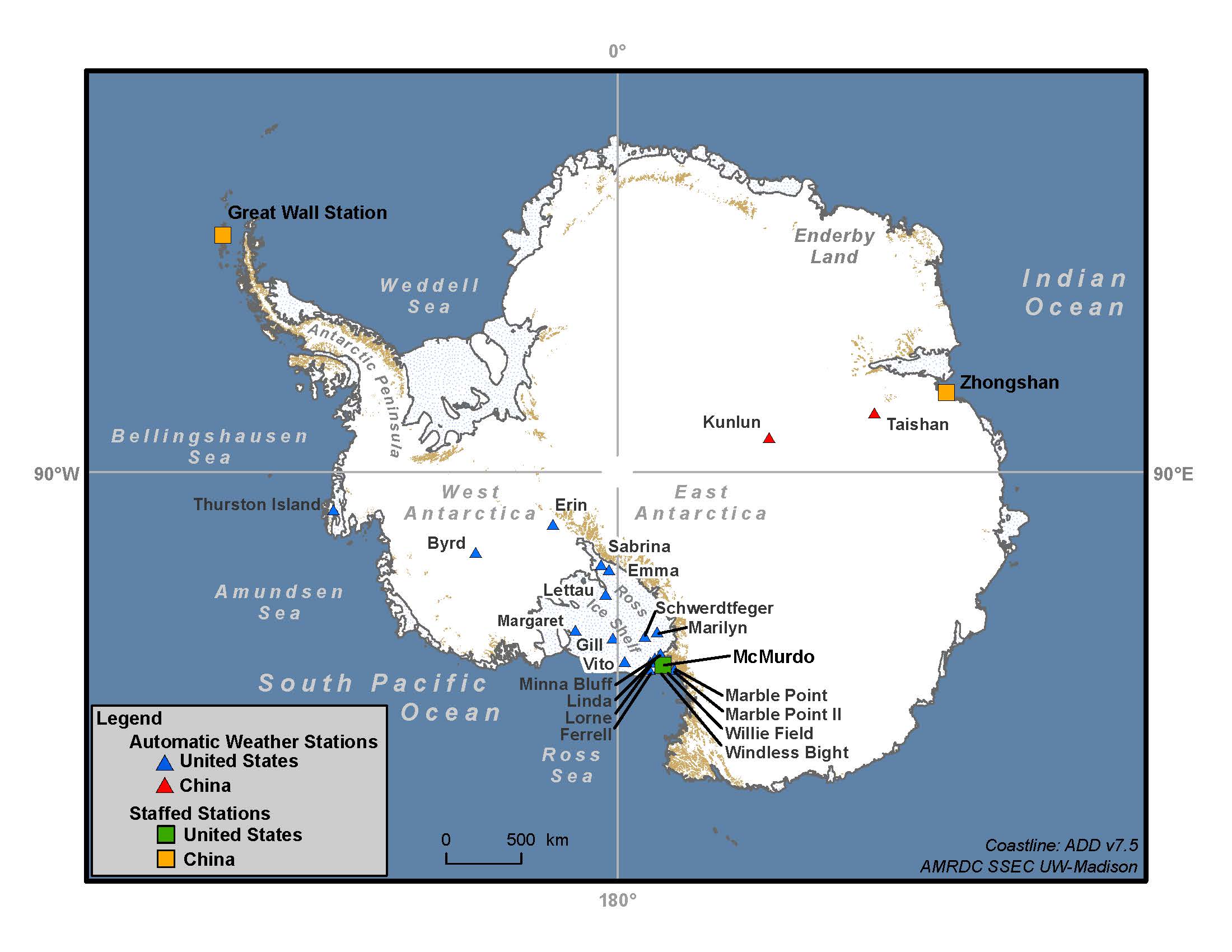 Map of Antarctica with different locations marked with colotful shapes and a legend on the map with bodies of water surrounding it, 