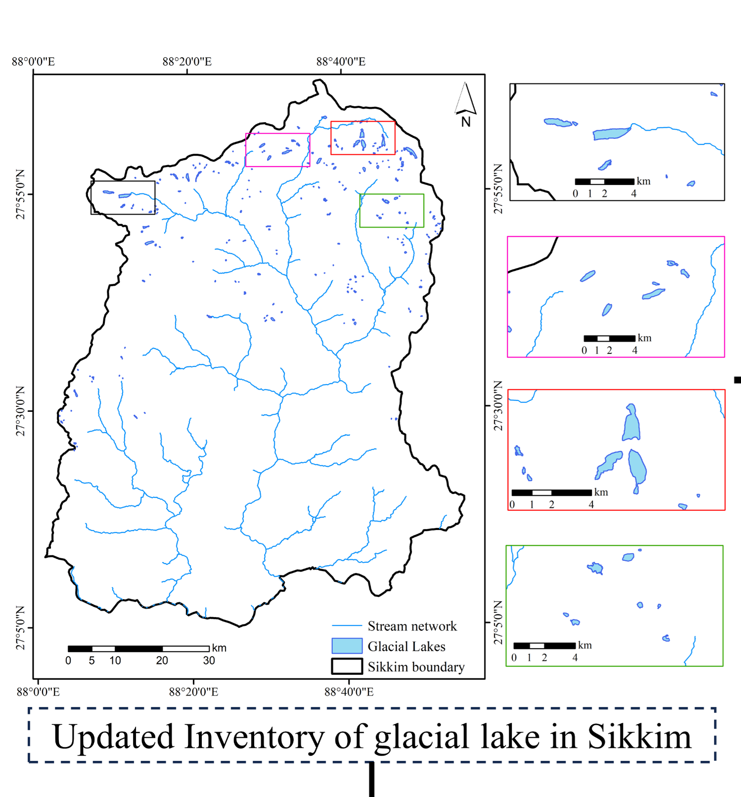 A large map with a stream network with three inserts in a column to the right of the big map generated over the Sikkim Himalaya.