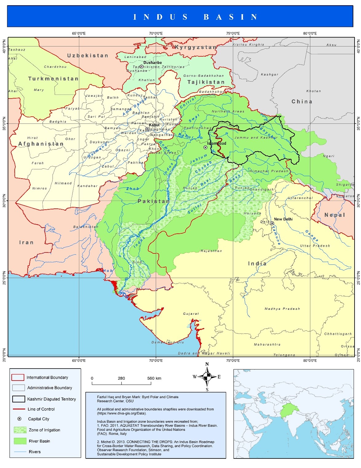 A large, colorful map of the Indus Basin, the main map, as the insert map of a smaller Asia map in the bottom right of the page. A legend is at the bottom left of the international boundary, administrative boundary, Kashmir disputed territory, line of control, capital city, zone of irrigation, river basin and rivers.  In the bottom middle of the page are a scale bar, cardinal direction star and a text box explanation.