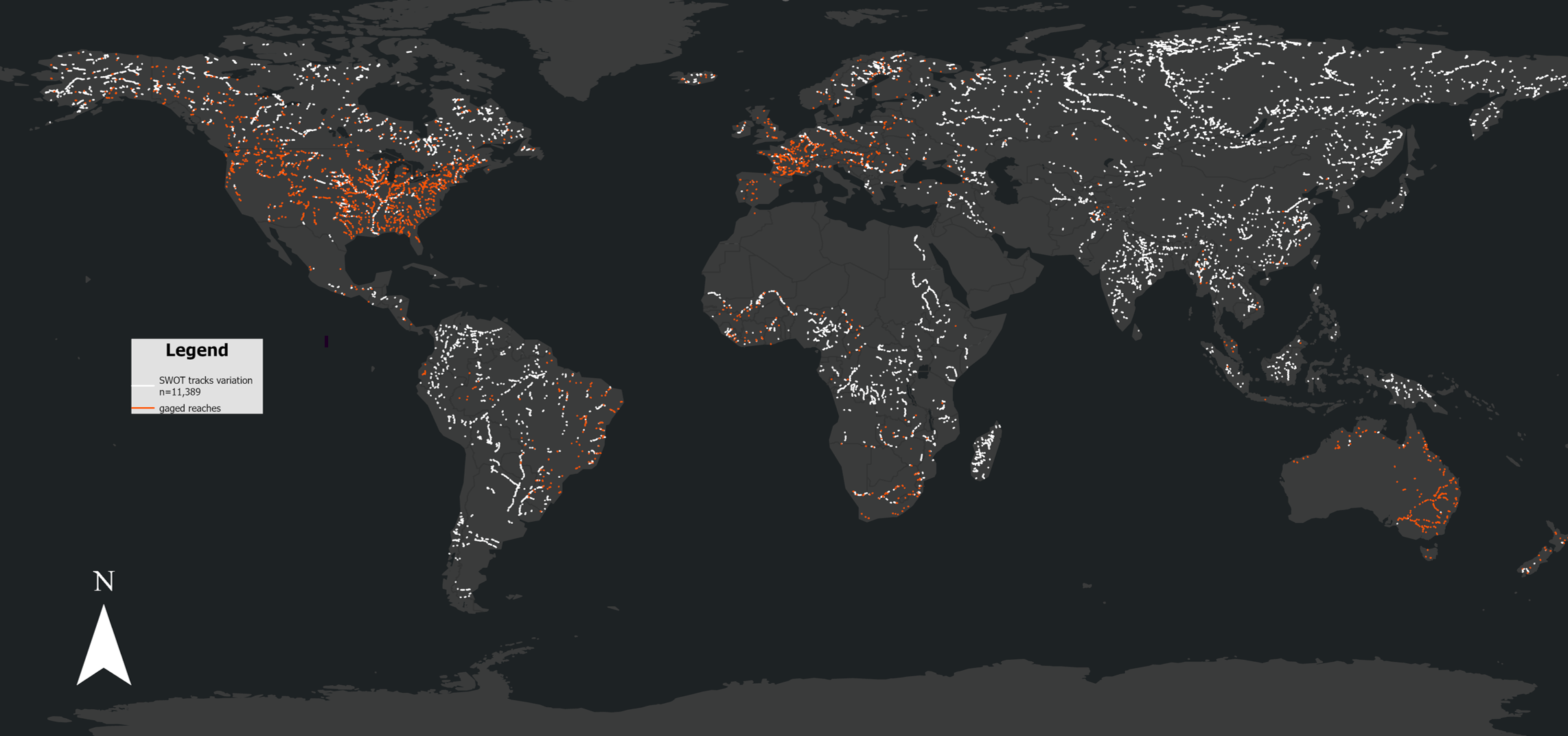 World Map on a black background with white and orange lines on the continents, a North arrow and legend