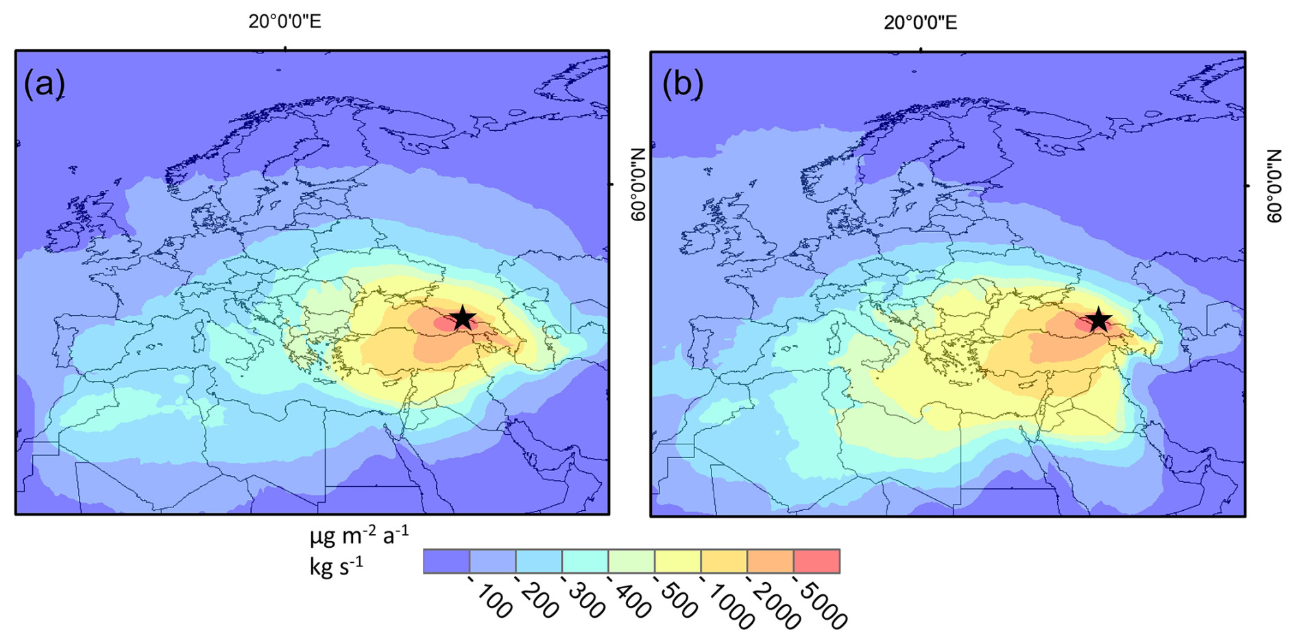 Map showing pollution dispersion over Europe in two scenarios, labeled (a) and (b), with color gradients representing different concentrations. Each map features a star marking a specific location.