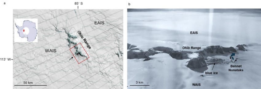 Two-part image showing a map and an aerial photograph of an Antarctic region.