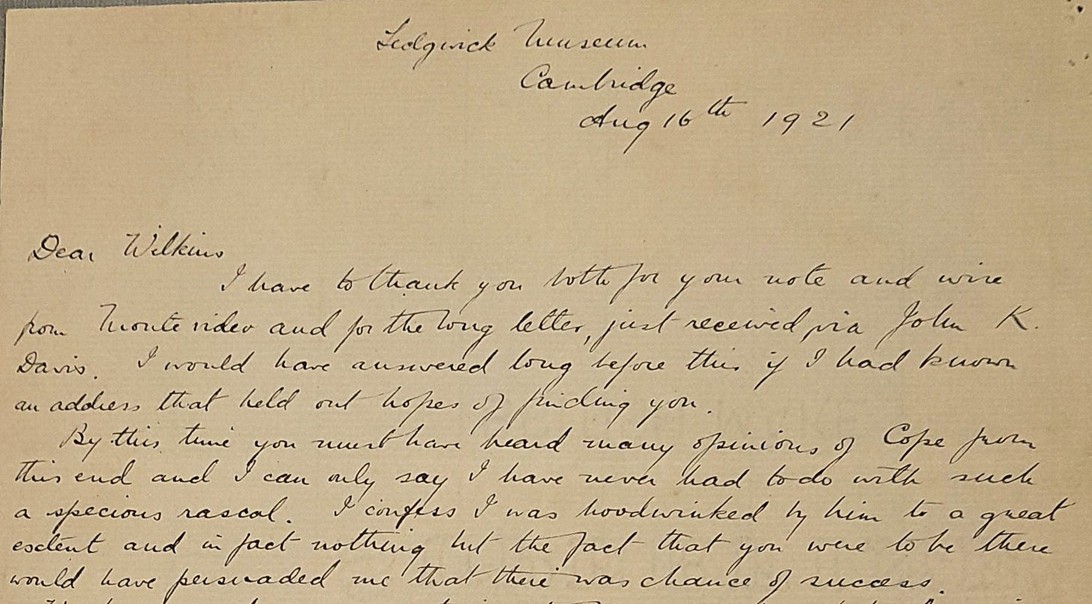 Handwritten letter on aged paper with heading “Sedgwick Museum, Cambridge, Aug 16th 1921.”