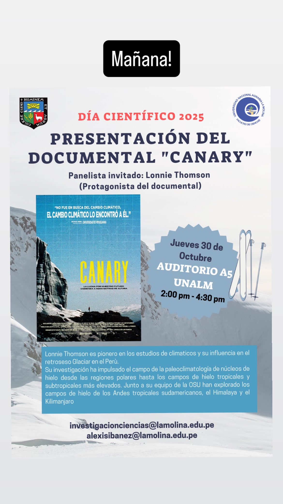 Flyer for Día Científico 2025 featuring the documentary “Canary” with guest panelist Lonnie Thompson, Thursday Oct. 30 at UNALM Auditorium A5.