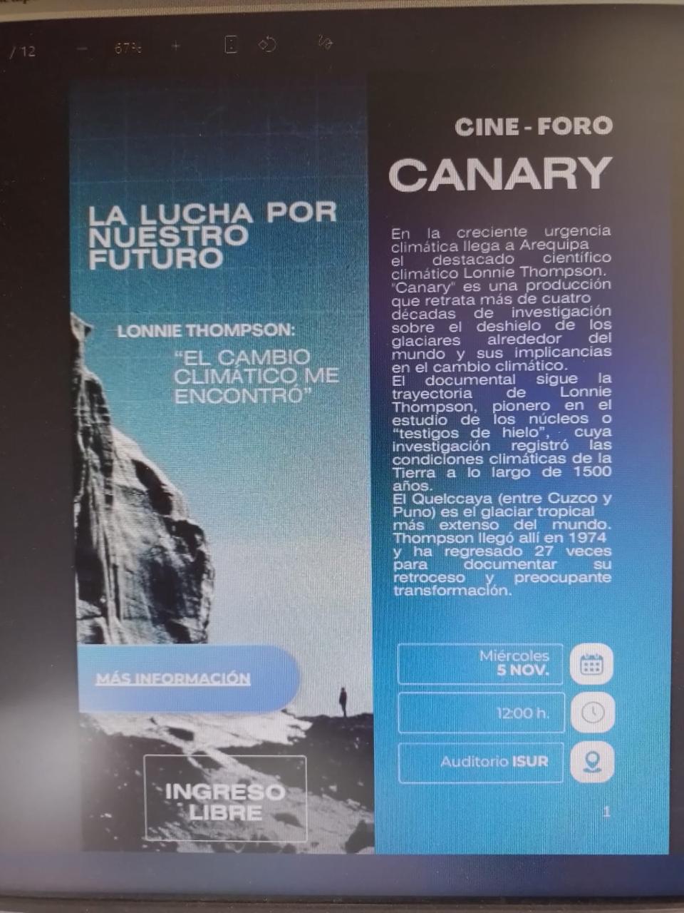 Poster for “Cine-Foro Canary” in Arequipa featuring Lonnie Thompson, with date, time, and auditorium details.