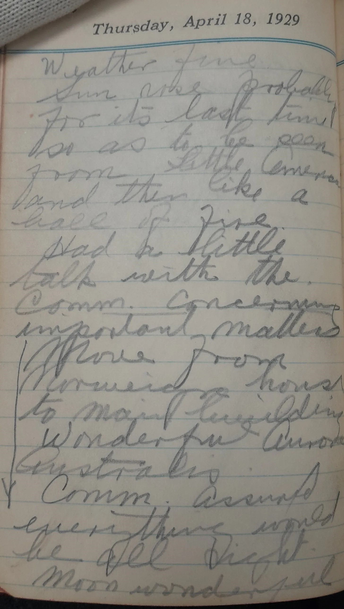 handwritten diary page dated Thursday, April 18, 1929, filled with faint pencil cursive notes on blue ruled lines