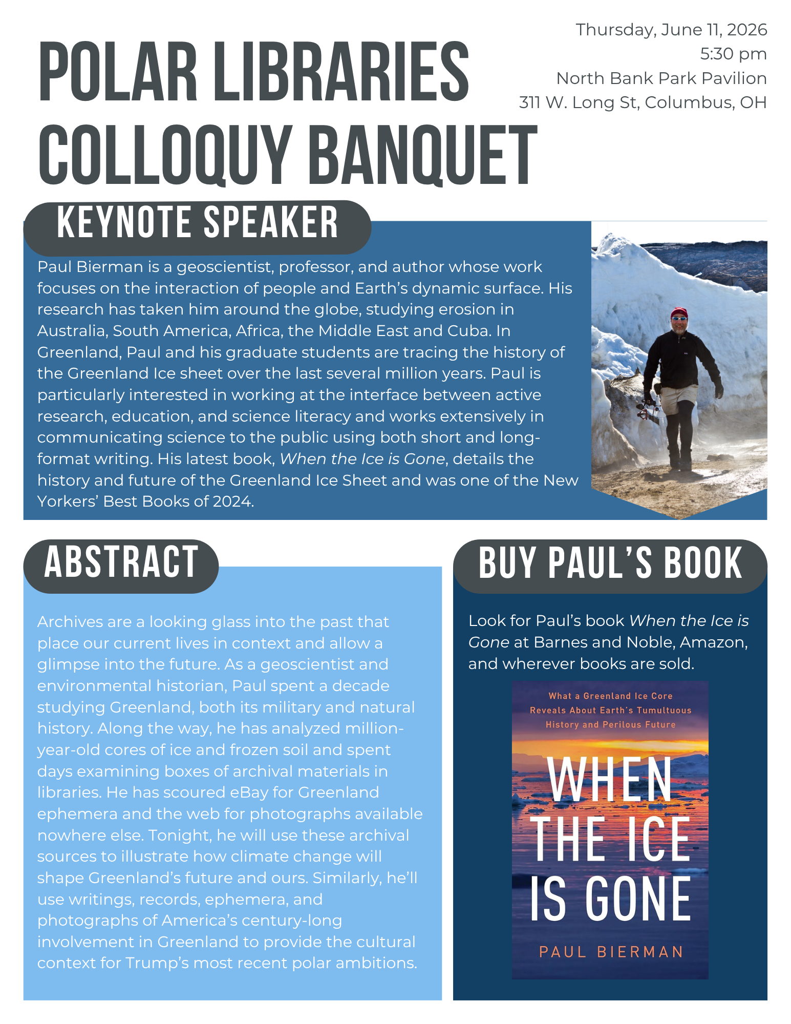 Flyer for the Polar Libraries Colloquy Banquet on June 11, 2026 at North Bank Park Pavilion in Columbus, featuring keynote speaker Paul Bierman and his book When the Ice is Gone, with a brief event description and images of Bierman and the book cover.