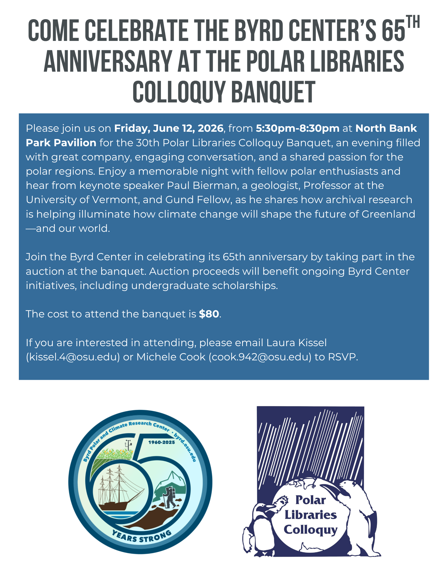 Flyer for Byrd Center 65th Anniversary Polar Libraries Colloquy Banquet on June 12, 2026, 5:30–8:30 p.m. at North Bank Park Pavilion; $80, RSVP by email.