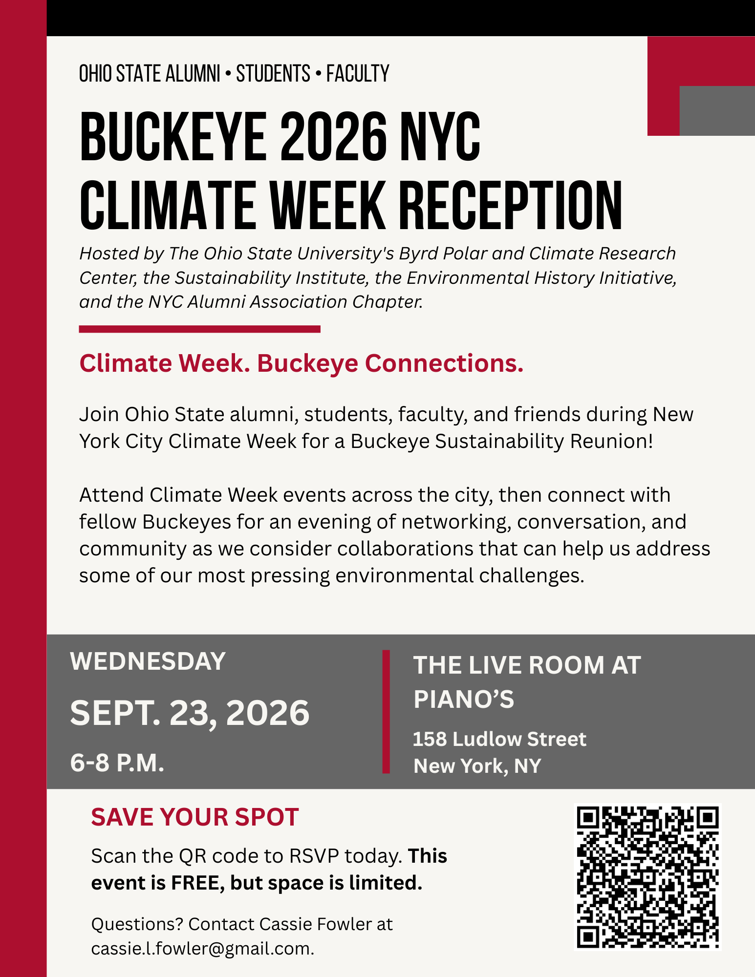 A flyer that includes information about the Buckeye 2026 NYC Climate Week Reception with a QR code to RSVP.