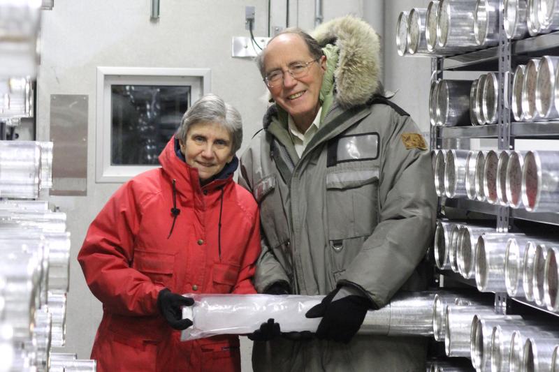 Dr. Lonnie Thompson and Ellen Mosley-Thompson hold an ice core in the Ice Core Freezer.
