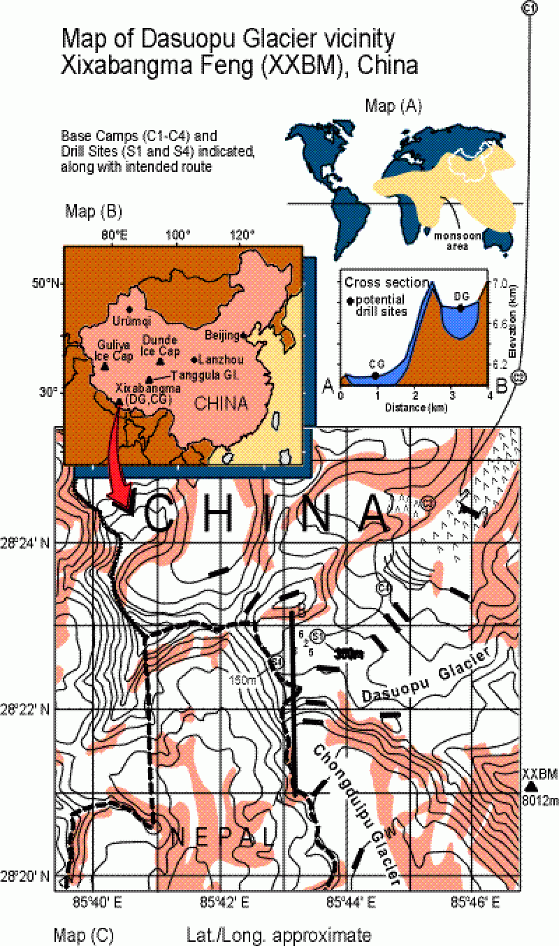 A detailed, gridded map with several inserts of the area.