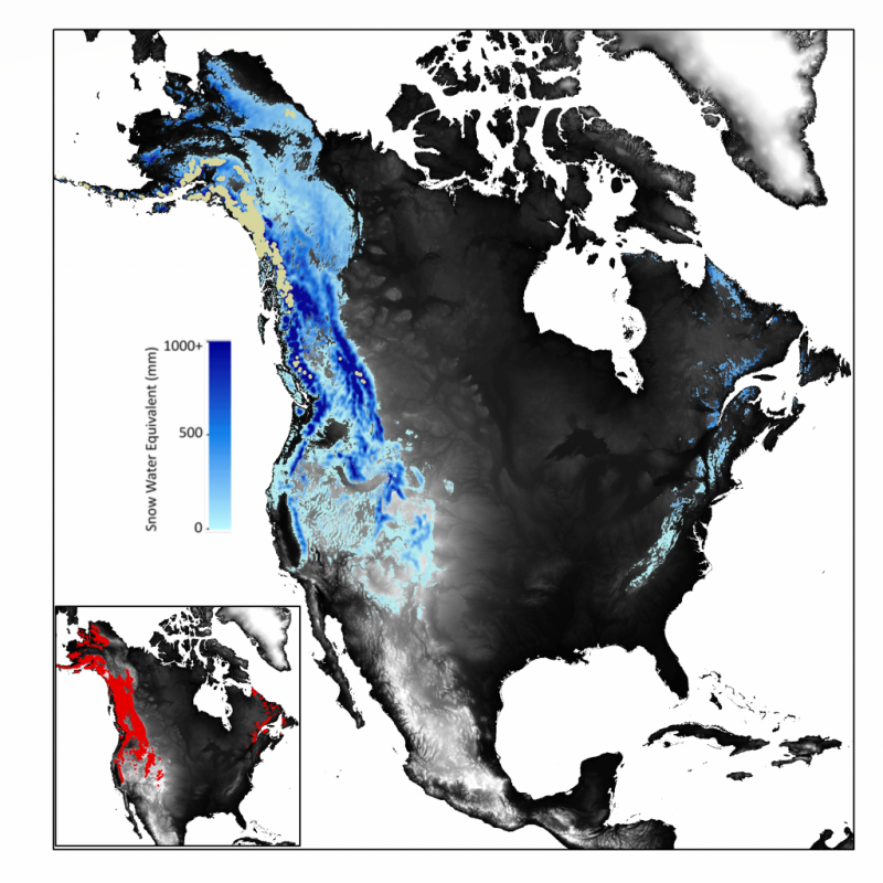 map of North America showing a new climatology of mountain snow from regional climate model simulations