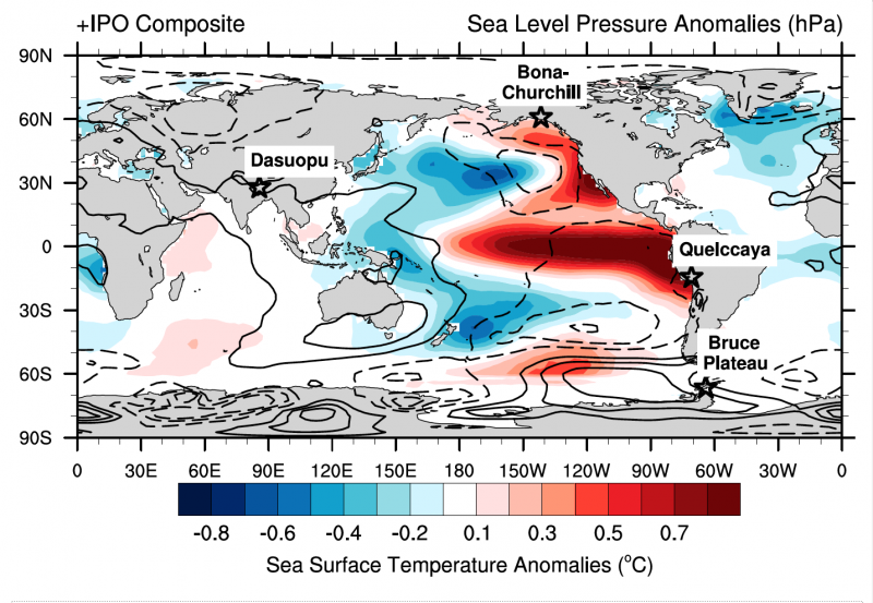 The drill site locations for the four ice cores used in this study are shown.