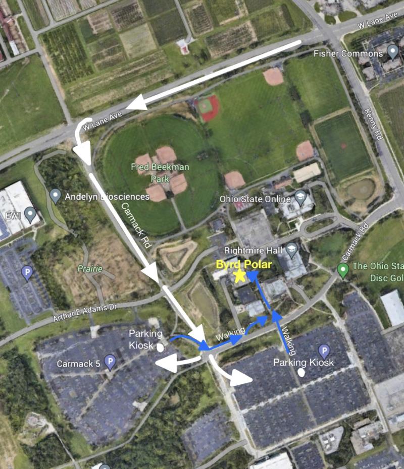 Map showing driving, parking, and walking directions to the Byrd Center. It is a birds eye view of the facility 