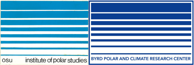 The original and current flags. The original has a lighter blue and says "osu institute of polar studies." The current is dark blue and says "Byrd Polar and Climate Research Center."