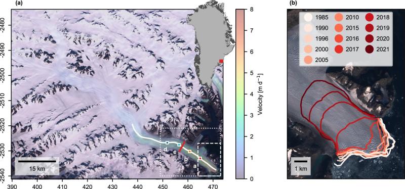 Two images side by side both info graph images. The left image is a aerial, vertical image of a snow covered glacier with a white line on the bottom right going through the glacier shows colored dots. The image to the right is a vertical view of a glacier with red, peach and white colored curved lines at the bottom right and a white box at the top showing years  and the correspondig color dots.