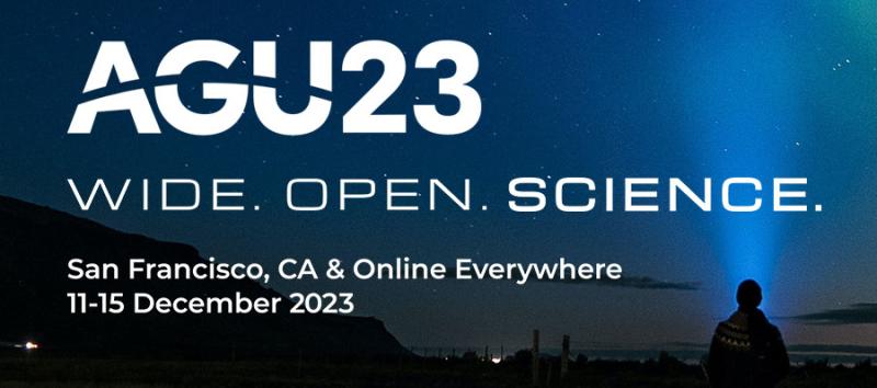 The back of a person in the dark under starry blueish dark sky with a flash light. Text says: AGU23 Wide Open Science San Francisco, CA & online everywhere 11-15 December 2023