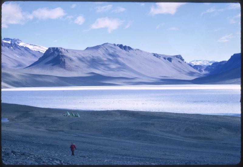 In the distance, the women's tents, which served as their living quarters, sit along one of Dry Valleys lakes the women were researching.