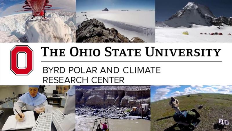 Byrd center logo in the middle of collage of 6 images, 3 top 3 bottom of scientist lab and field work