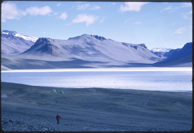 In the distance, the women's tents, which served as their living quarters, sit along one of Dry Valleys lakes the women were researching.