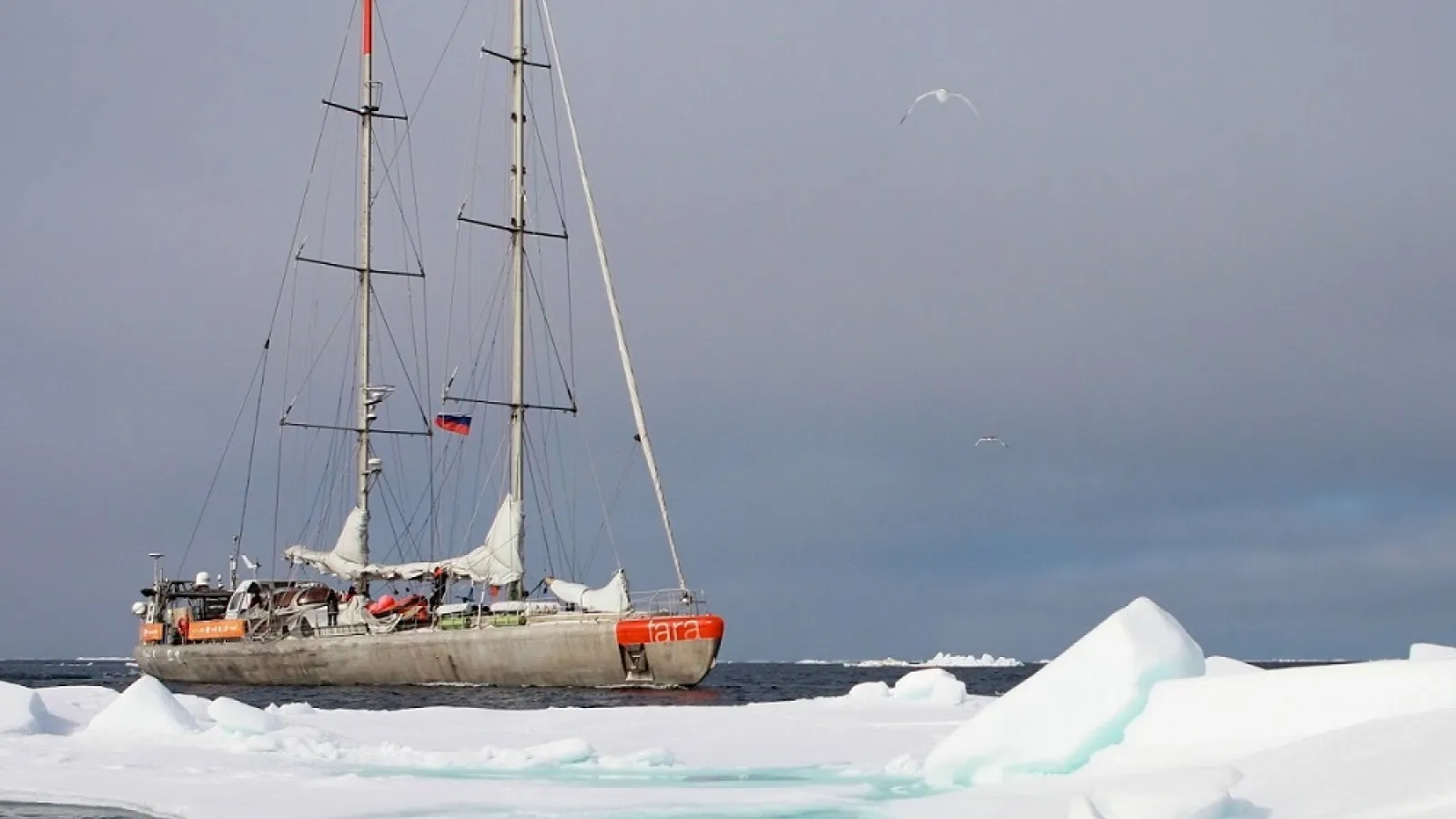 A sailboat sails past a large iceberg