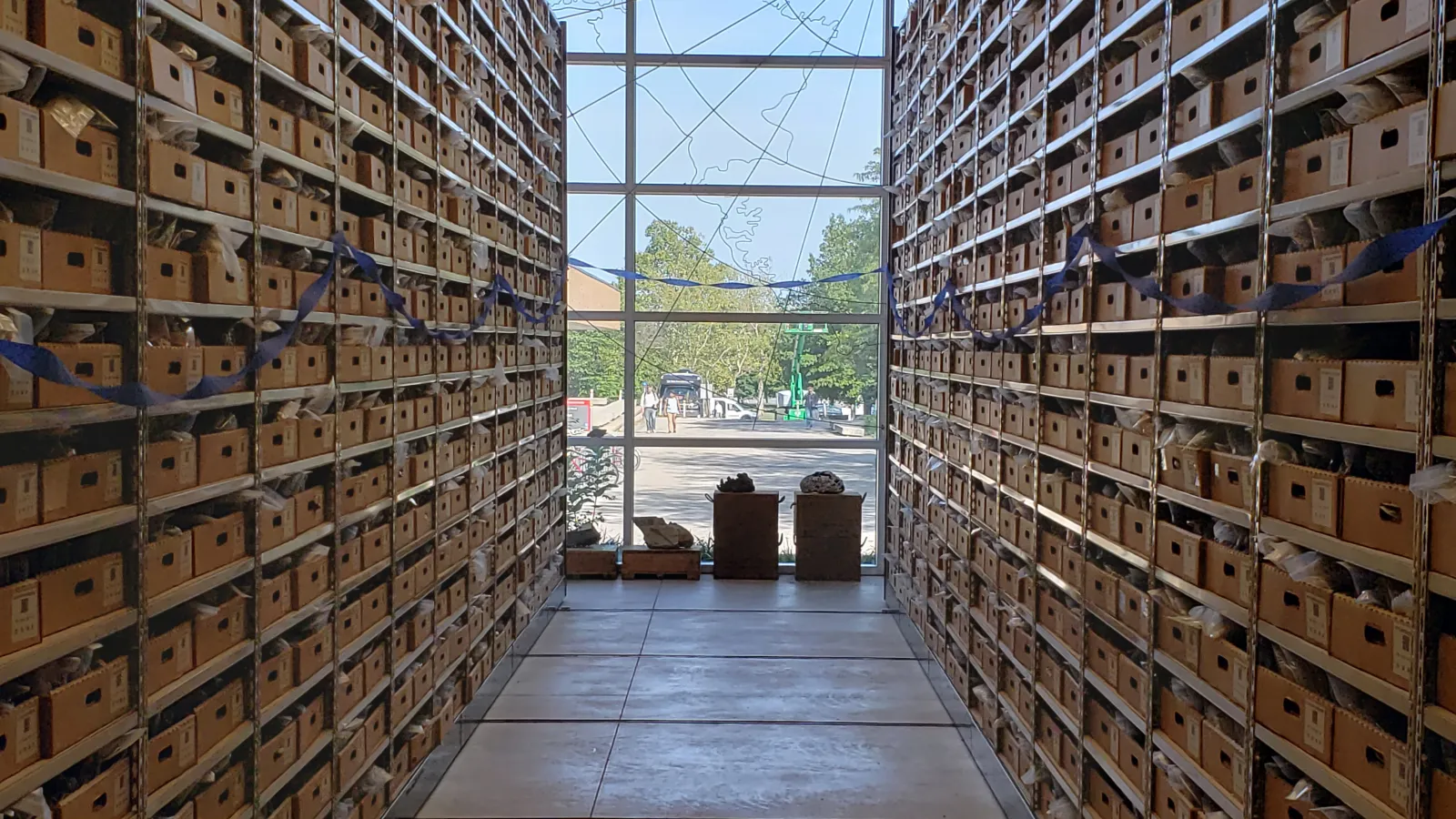 Over 50,000 rock samples are housed on floor-to-ceiling shelves within the PRR.