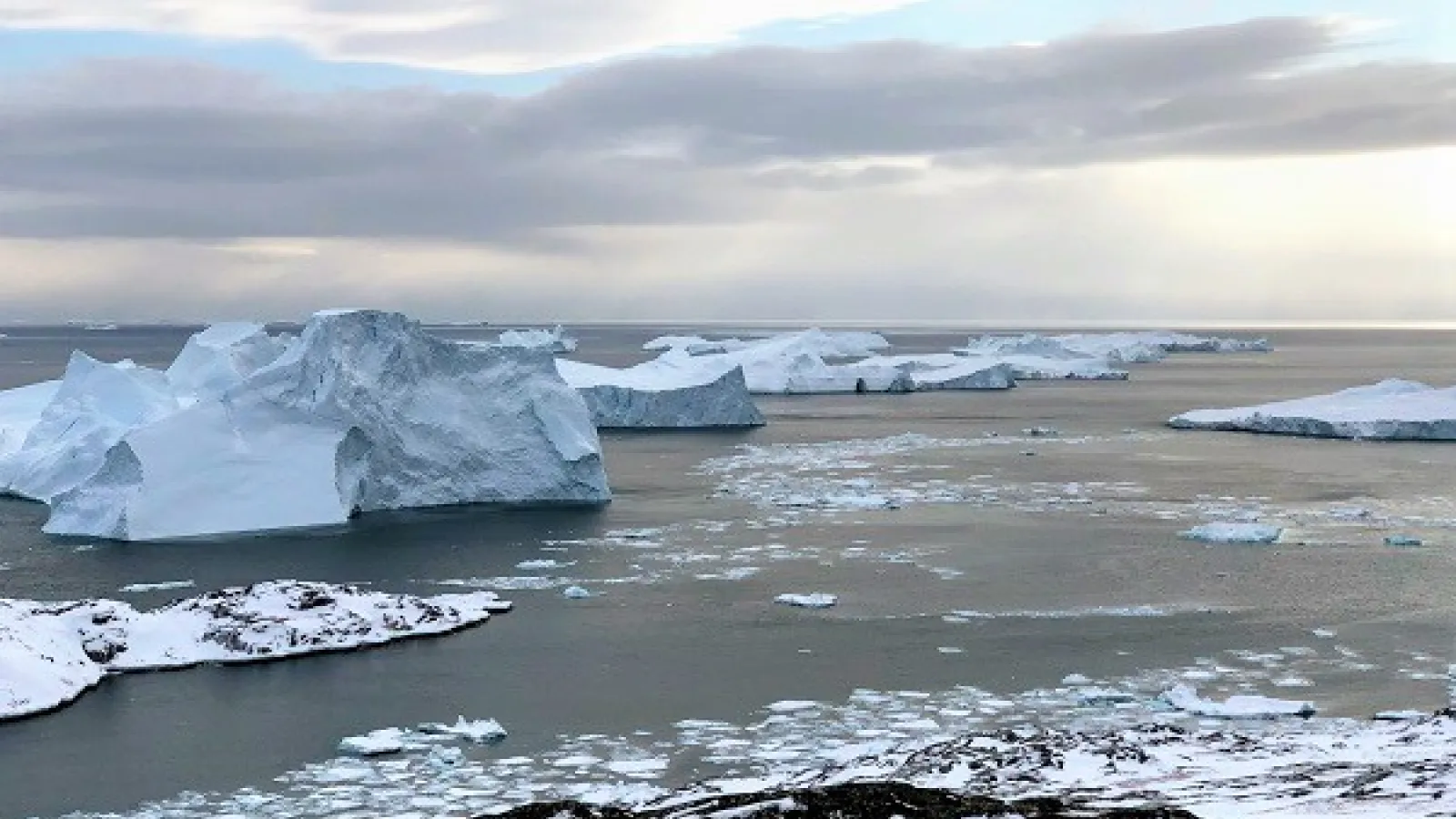 View of ice bergs from rocky outcrop