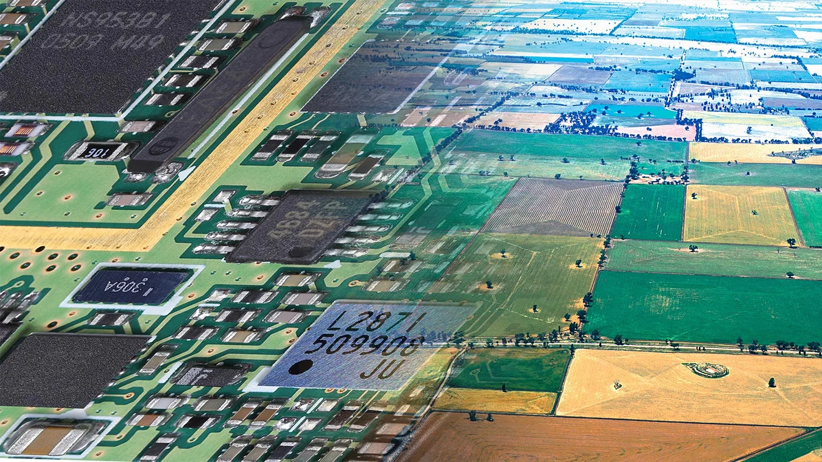 Ariel view of a farm made to look like a computer's motherboard.