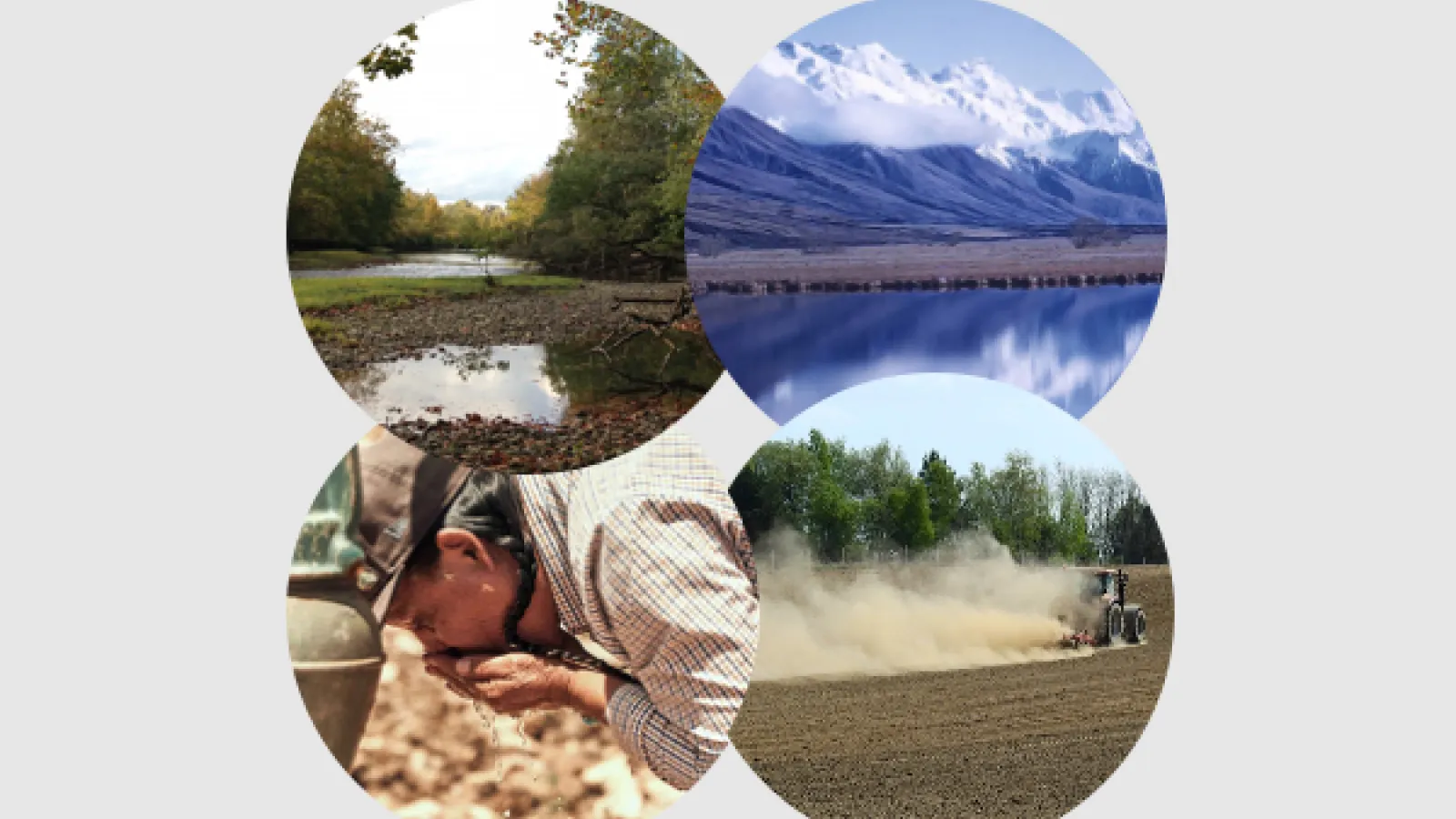 Byrd Symposium Image Logo. A circle with the Olentangy River, a snowy mountain, an agricultural landscape and a person drinking water from their hands