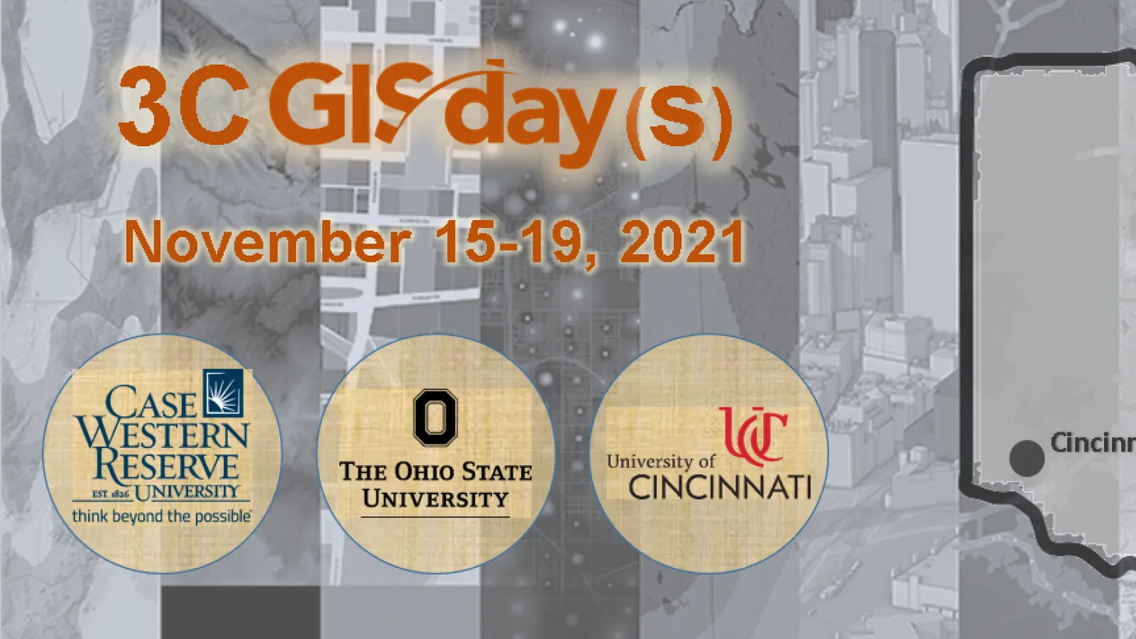 3C GIS Days poster which contains an outline of Ohio showing the three major cities of Cleveland, Columbus, and Cincinnati 