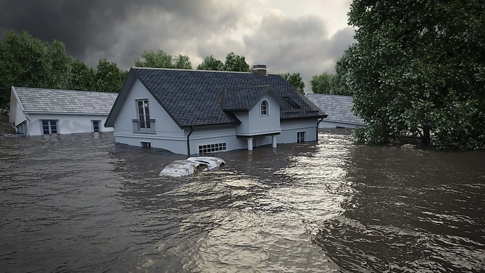 White house in the middle of flood waters