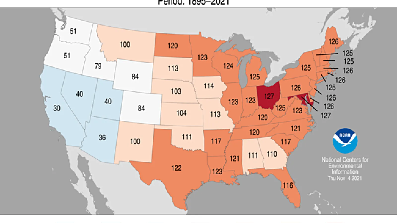 NOAA rankings for average temperatures in October 2021 displayed on a map of the United States 
