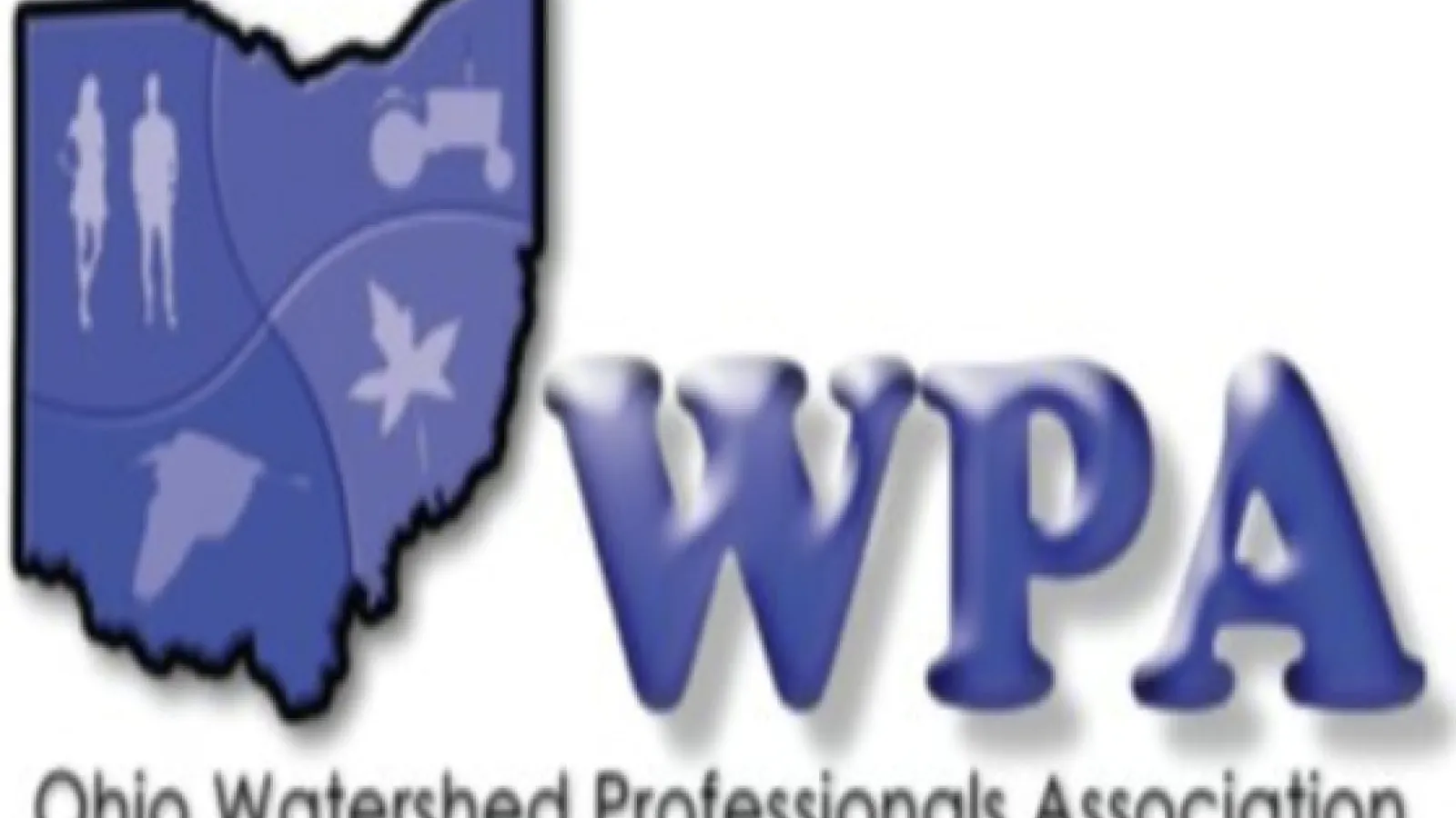 Watershed Professionals Association Logo. Purple outline of the state of Ohio with silhouettes of people, tractor, bird and leave inside it  
