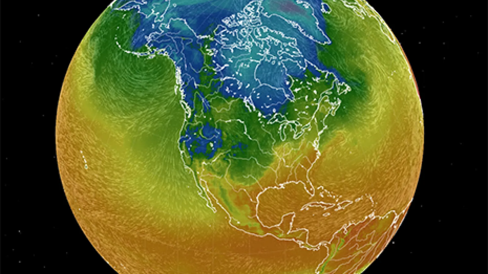 Earth with colors of blue, green and yellow in space including air flow directions around