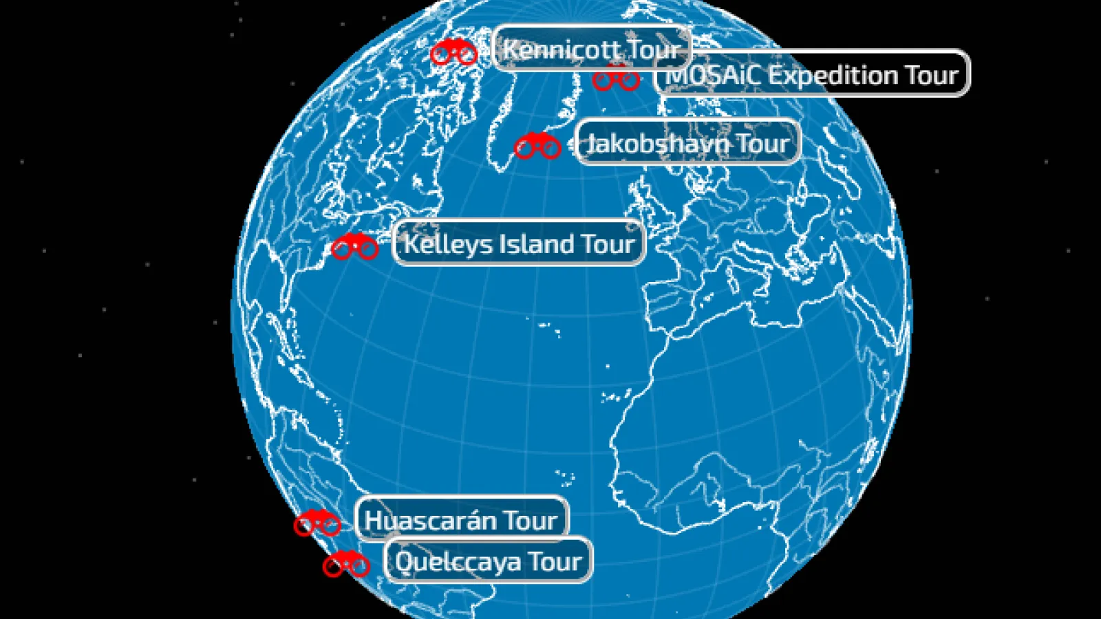 Animated image of blue globe in black background with continents and tour names highlighted in white 