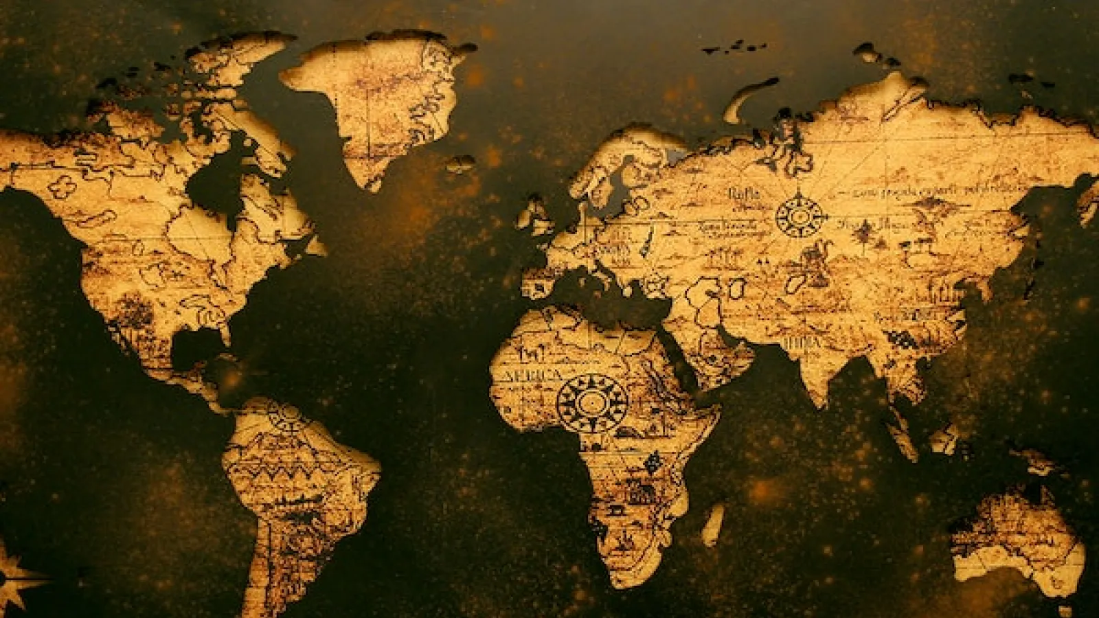 ancient looking map of continents in yellowish cream color with old writing with dark brown background