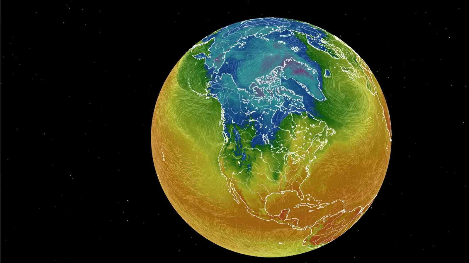 animated image of earth, centered on north America  with north pole in blue and part of N America green then yellow and orange in middle with black background