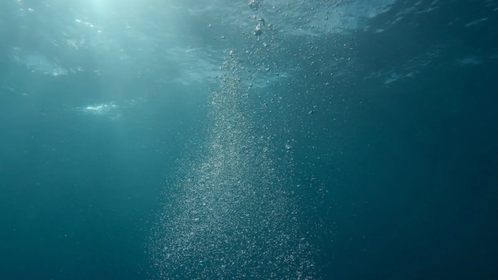view looking up from the bottom of a body of blue water with light seen above the surface and air bubbles flowing to the surface