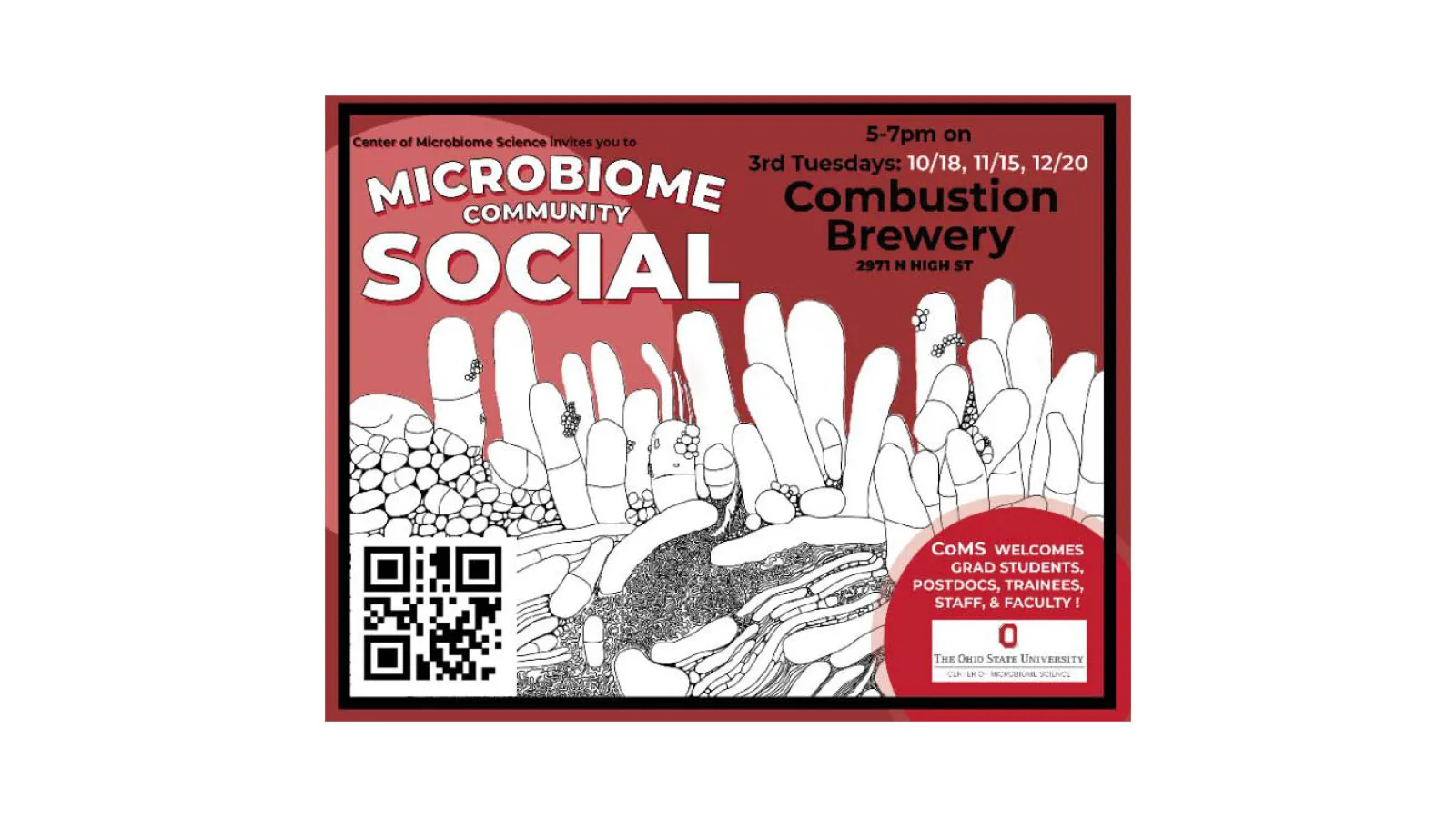 animated image of bacteria in different shapes and sized in black and white with ted background and text on top left in white saying Microbiome Community Social and top right against a darker red background states in black 5-7 on 3rd Tuesdays  then in white 10/18, 11/15, 12/20 and in black larger font Combustion Brewery and address and in bottom right cut off red circle with white writing for staff and students and Ohio State logo