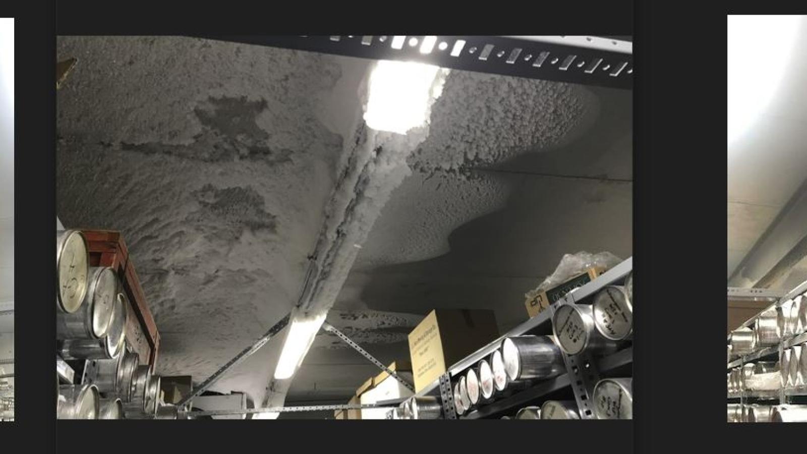 Images of the Ice Core Facility- air leaking into the room, causing frost build-up on the ceiling in different areas. See Image Caption for more details.